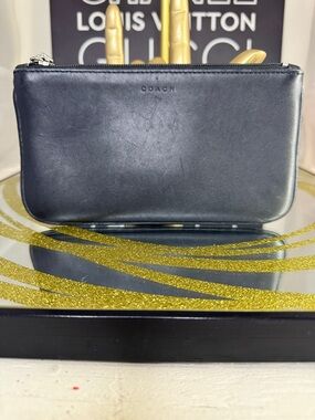 Coach Black Leather Zip Pouch with Embossed Logo. Vintage leather.